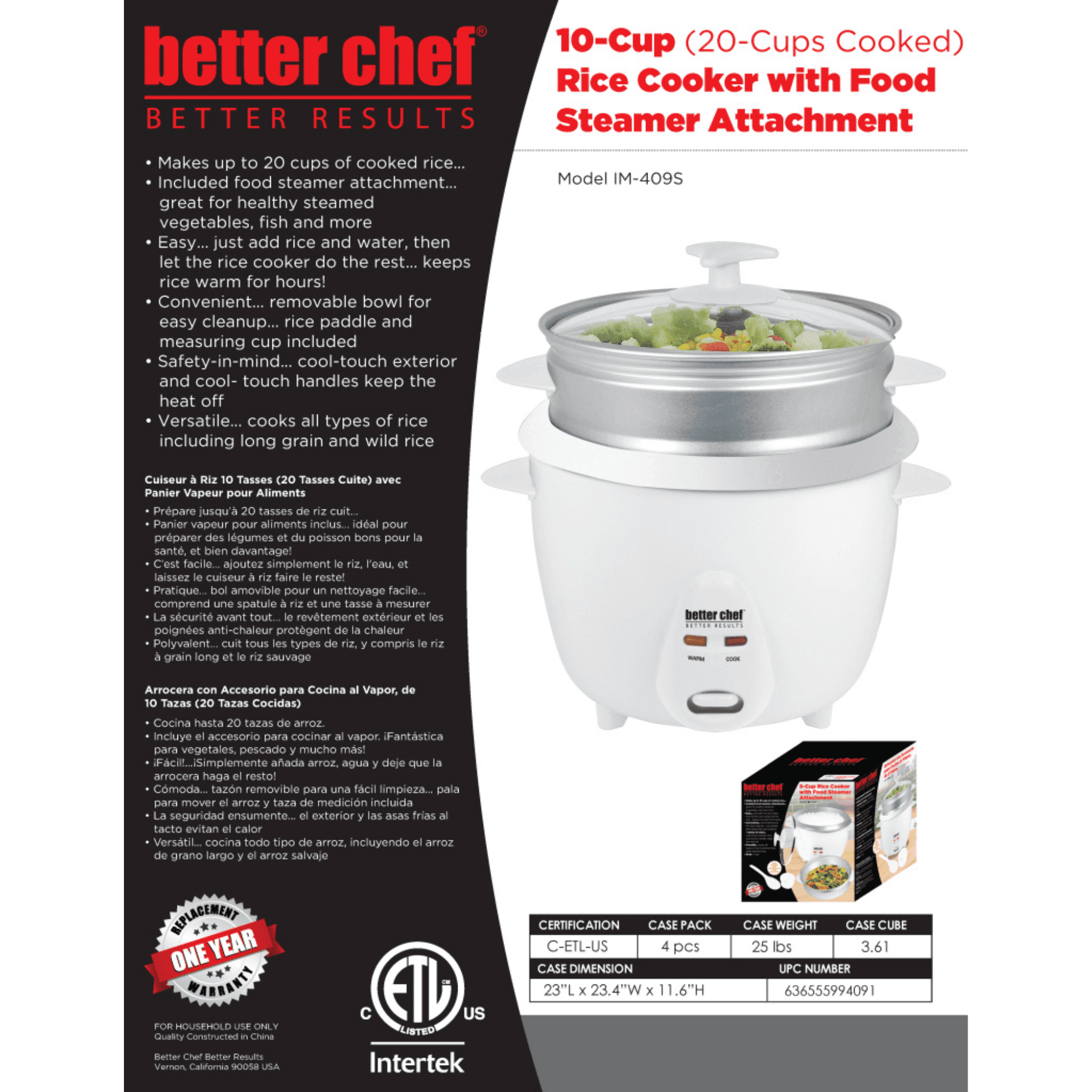 Better Chef 10-Cup Uncooked / 20-Cup Cooked Rice Cooker with Steamer, 400W Automatic Keep Warm Electric Rice Pot, Non-Stick Removable Inner Pot & See-Through Lid for Vegetables Grains Cooking  RLB