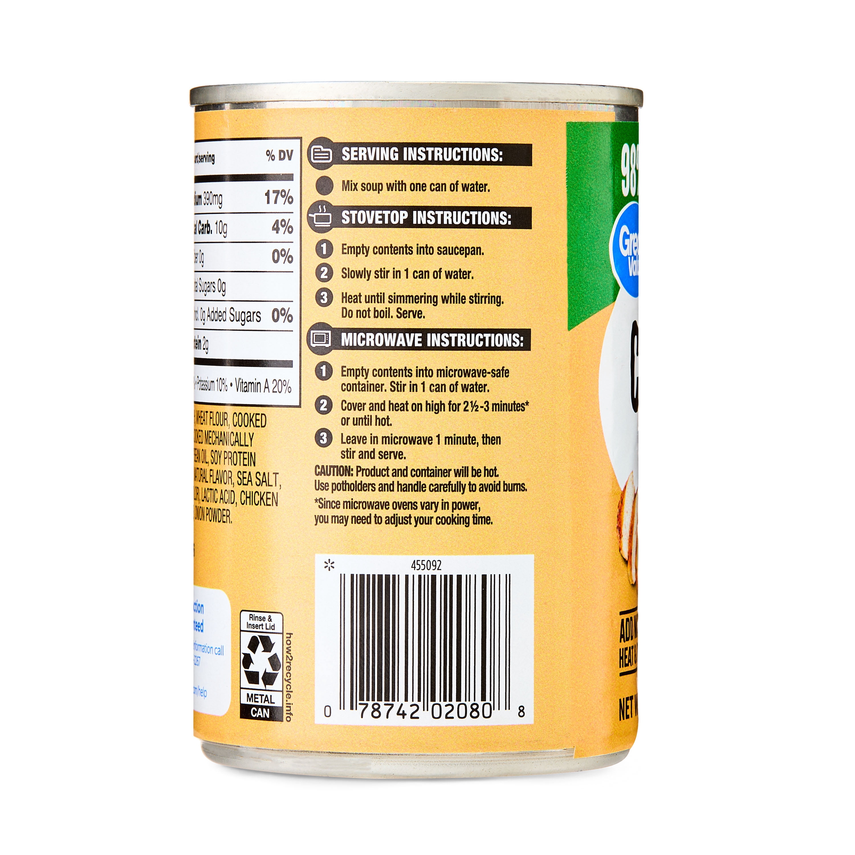 Great Value 98% Fat Free and 50% Less Sodium Cream of Chicken Condensed Soup, 10.5 oz