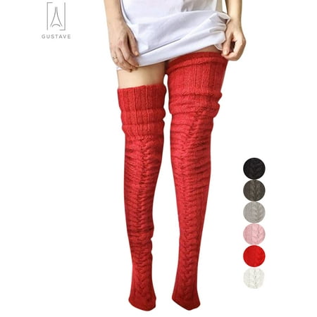 

Gustave Women s Wool Thigh High Stockings Over The Knee High Socks Leggings Winter Cable Knitted Stretchy Long Sockings Red