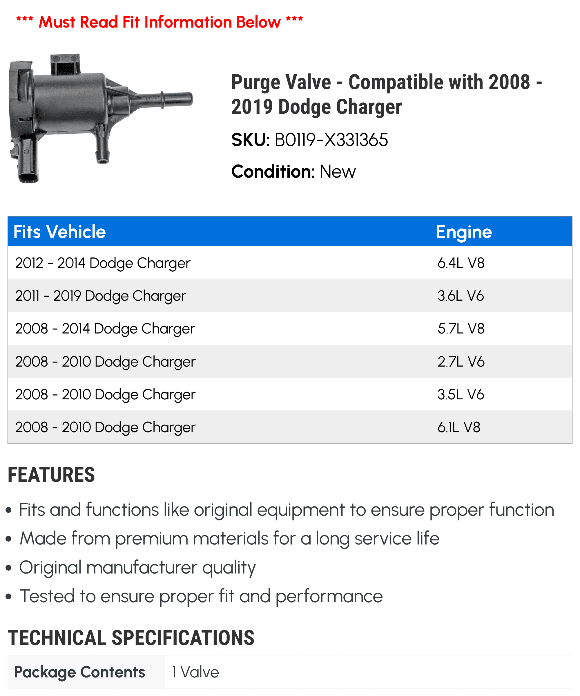 Purge Valve - Compatible with 2008 - 2019 Dodge Charger 2009 2010 2011 2012 2013 2014 2015 2016 2017 2018