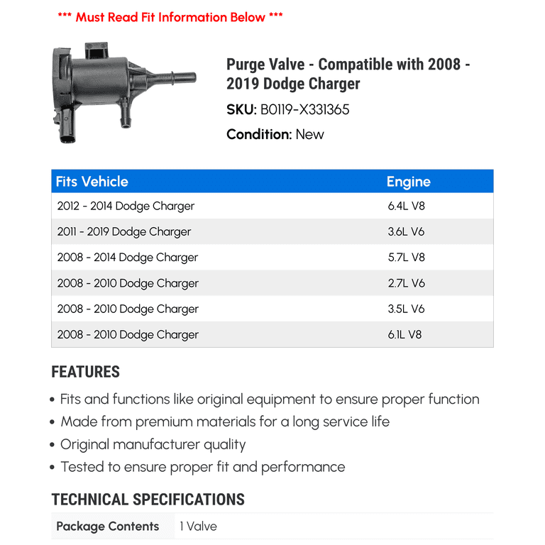 Vapor Canister Purge Valve Dorman For 2008-2019 Dodge Charger 2009 2010 2011 Vapor Canister Purge Valve Dorman For 2008-2019 Dodge Charger 2009 2010 2011