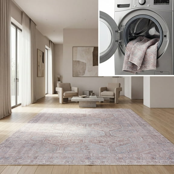 SAFAVIEH Tucson Thornton Traditional Machine Washable Area Rug, 5' x 8', Grey/Rust