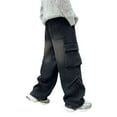 thumbnail image 3 of UACY Boy's Girls Cargo Jeans Baggy Denim Pants Elastic Waist Straight Wide Leg Jeans Streetwear with Pockets ﻿ (Black, 15-16 Years), 3 of 7