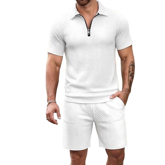 Riecok Big and Tall Short Sets 2 Piece Lounge Sets Collared Short Sleeve Zip Tops and Drawstring Shorts Loose Outfits White 3XL