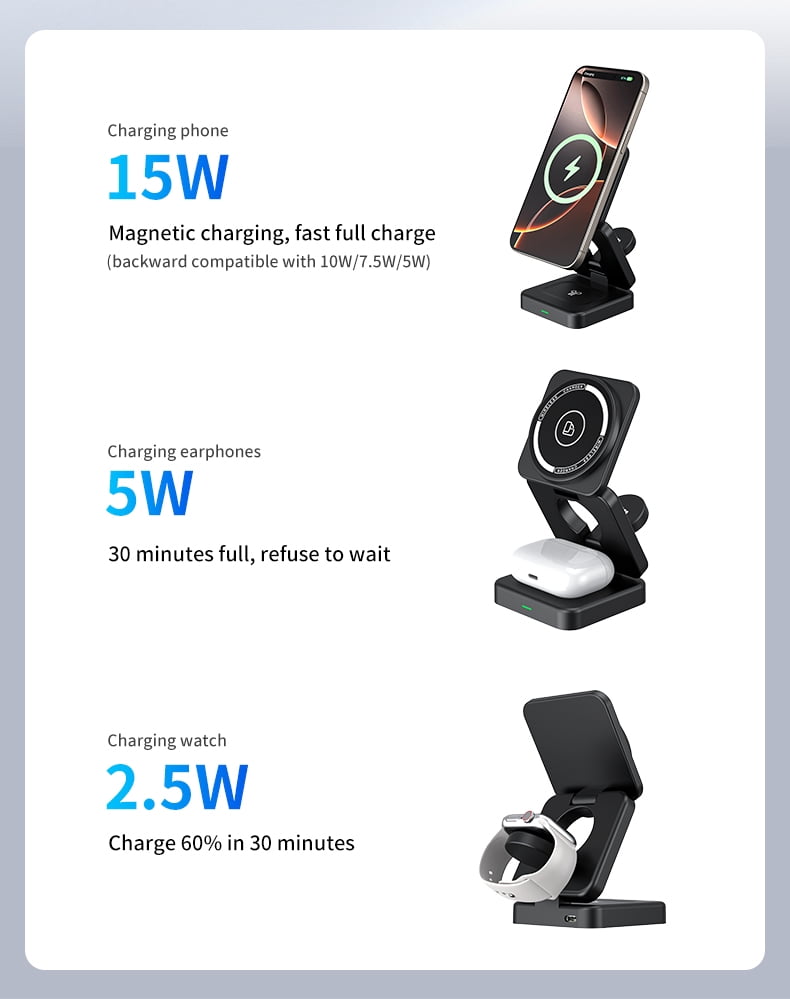 Foldable 3-in-1 Magnetic Wireless Charging Stand for iPhone 17/16/15/14/13/12, Apple Watch All Series, AirPods, 15W Fast Charging, 22.5W Total, N52 Magnets, AI Temp Control, Travel Portable, Black