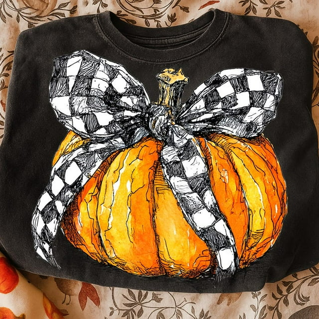 checkered bow Pumpkin Sweatshirt, coquette Sweatshirt, Fall pumpkin Sweatshirt, Thanksgiving Sweatshirt, Autumn Sweatshirt, Fall shirt, Pumpkins bow Sweatshirt