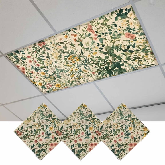 Green Plants Magnetic Fluorescent Light Covers for Ceiling Lights 2x4Ft,Vintage Plant Flowers Garden Leaf Motifs Office Classroom Kitchen Drop Ceiling Light Covers Lighting Filters Shade Panel 3Packs