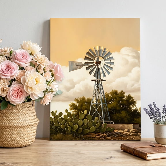 Canvas Wall Art Windmill Canvas Art Print Windmill Farmhouse Sunset Field Trees Rustic Pictures Wall Decor for Living Room Bedroom Artwork Decorations Stretched Framed Ready to Hang 8"x12"