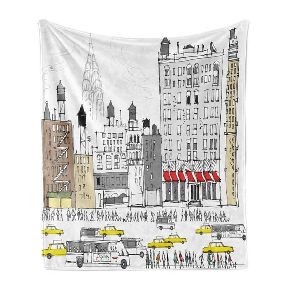 City Love Soft Flannel Fleece Blanket, Busy City Traffic Jam Yellow Taxi Cab Urban Life Cartoon Design Modern Style Art, Cozy Plush for Indoor and Outdoor Use, 50" x 60", Multicolor, by Ambesonne
