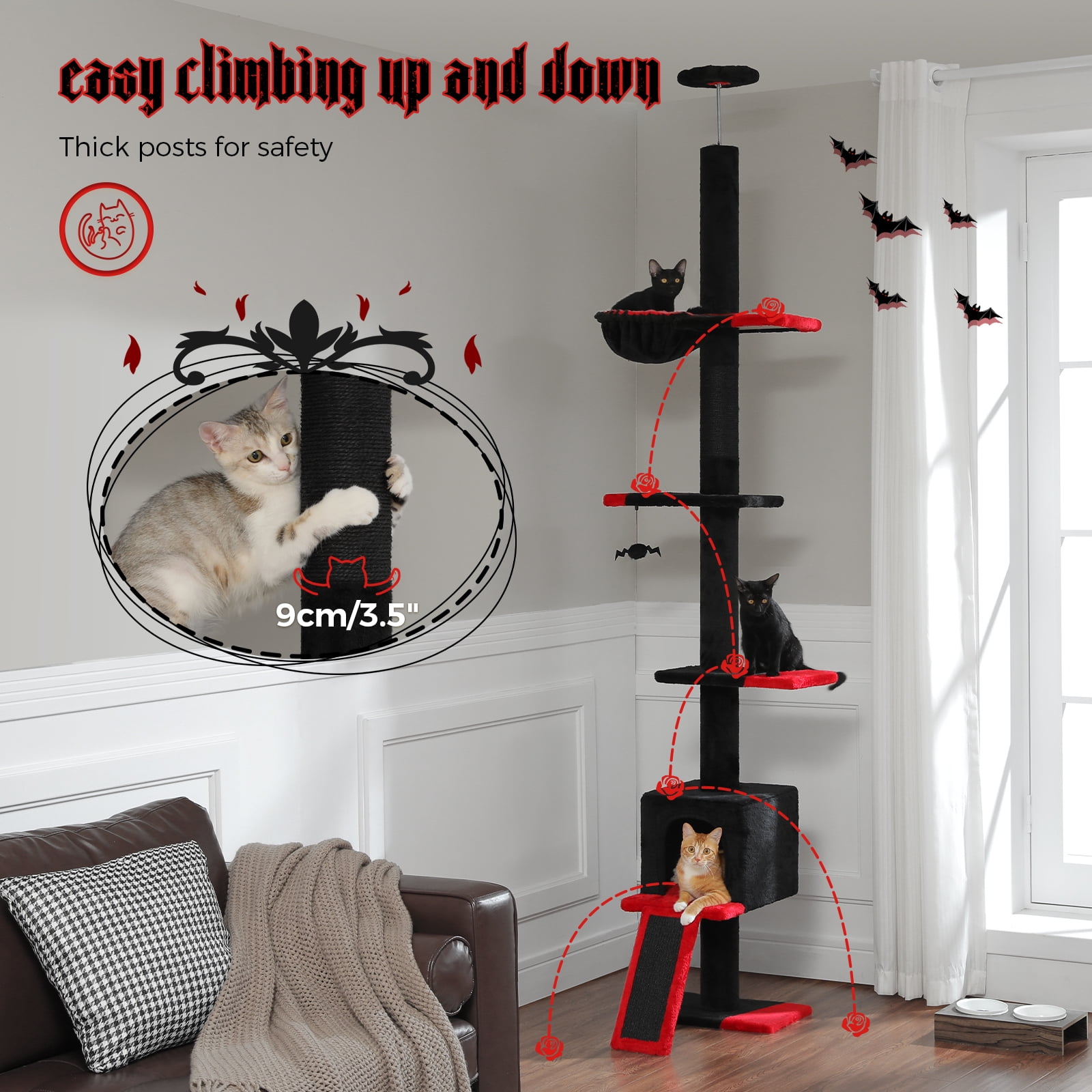Pefilos 5 Tiers Gothic Cat Tree Floor to Ceiling, Adjustable Height (83"-108") Climbing Cat Tower for Indoor Cats with Condo, Scratching Post, Black