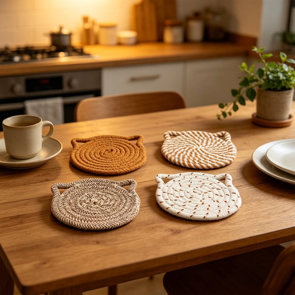 4 Pack 4.3 Inch Ear Shape Rope Drink Pads Heat Protection With Storage Stand For Kitchen Table