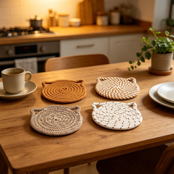 4 Pack 4.3 Inch Ear Shape Rope Drink Pads Heat Protection With Storage Stand For Kitchen Table