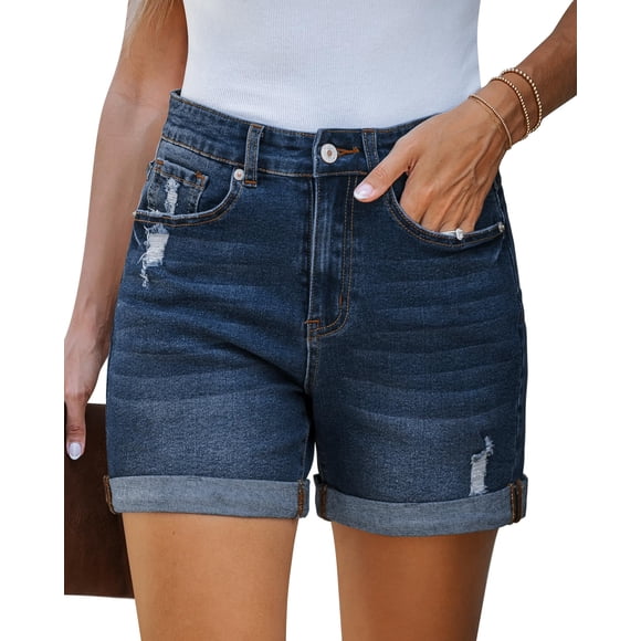 Shorts vaqueros azules de tiro alto para mujer, 14 cm
