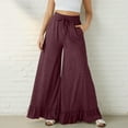 thumbnail image 3 of qucoqpe Trendy Linen Wide Leg Pants for Women Cozy Solid Drawstring Elastic High Waist Pockets Flowing Trousers, 3 of 5