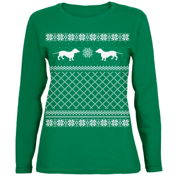 Dachshund Ugly Christmas Sweater Green Womens Long Sleeve T-Shirt