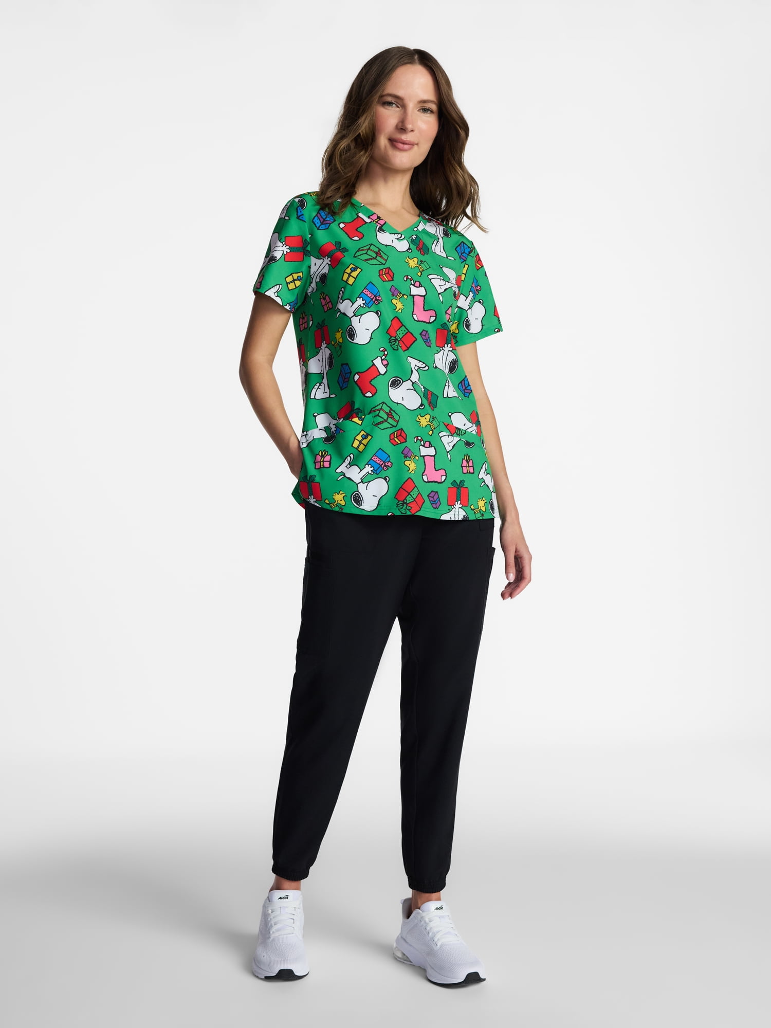 Peanuts Women's Holiday Scrub Top with Short Sleeves, Sizes S-XXXL