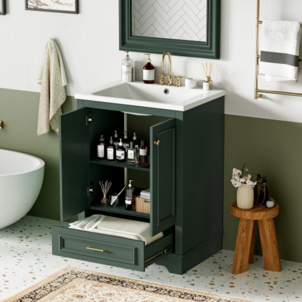 24" Bathroom Vanity with Ceramic Sink, Freestanding Bathroom Cabinet with Storage, Soft Close Doors, Adjustable Shelf, Silver Handles, Green