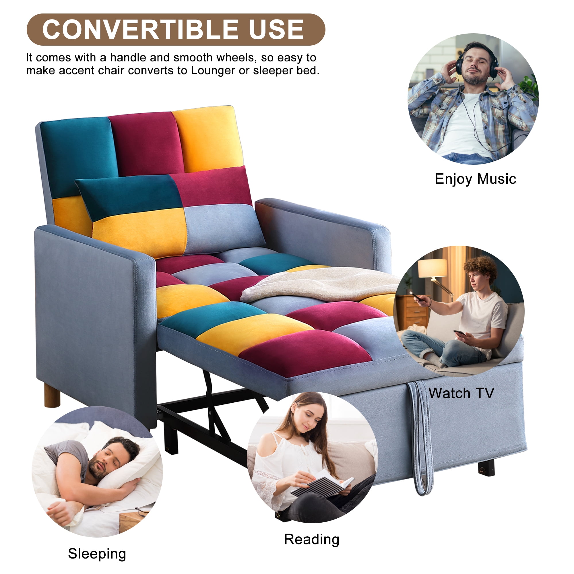 Aukfa 3-in-1 Sleeper Chair, Convertible Pull Out Chair Bed for Small Space, Patchwork