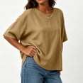 thumbnail image 6 of RQYYD Womens Short Sleeve Round Neck Tops Casual Henley Button Blouses Linen Blend Tee Shirts Clothes, 6 of 7