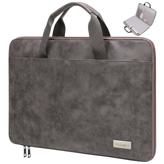 Aisboks Vintage Laptop Bag 15.6''-16'',Premuim PU Leather Laptop Case,180°Full Opening Laptop Sleeve with Luggage Strap&Accessory Pocket, Grey