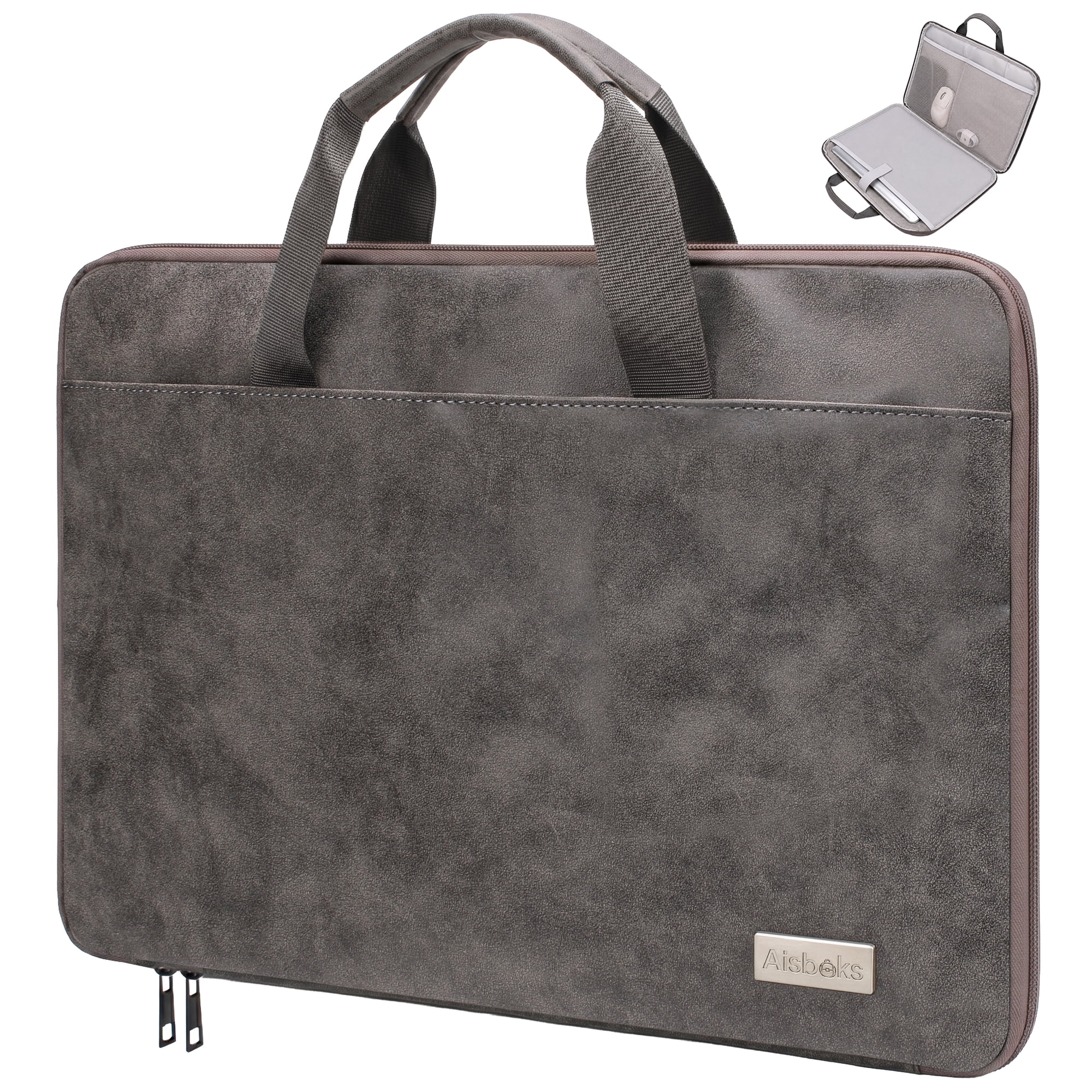 Aisboks Vintage Laptop Bag 15.6''-16'',Premuim PU Leather Laptop Case,180°Full Opening Laptop Sleeve with Luggage Strap&Accessory Pocket, Grey