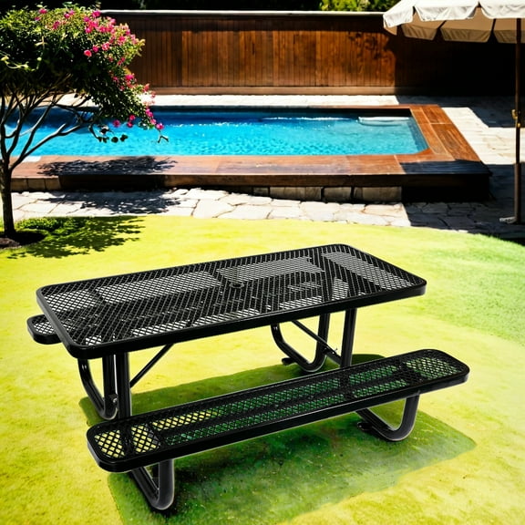 6 Ft. Rectangular Picnic Table - Black Steel, Easy To Clean, Outdoor Happiness With Umbrella Pole Strong And Spacious