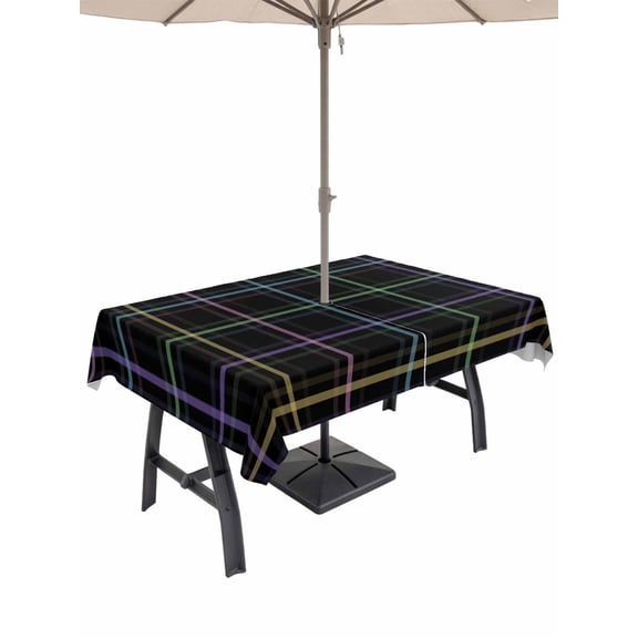 Outdoor Tablecloths with Umbrella Hole & Zipper, Black Geometric Rectangle Tablecloth 60x120 Inch, Vintage Grid Plaid Colorful Lines Waterproof Table Cloth, Patio/Pool/Picnic Table Covers