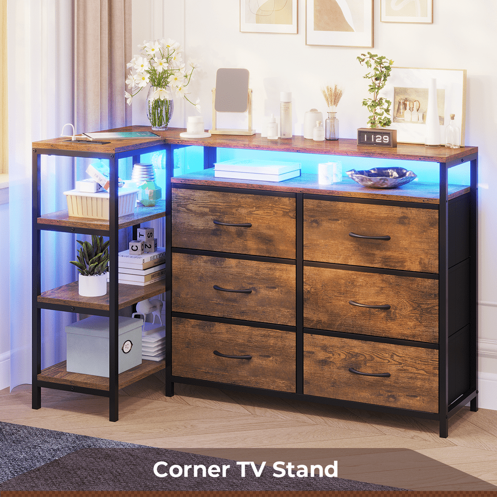 TV Stand Dresser with Charging Station and LED Lights, for 60 Inch TV, Changable L Shape TV Console with Open Shelf, 53.5 Inches Wide Brown Dresser for Bedroom