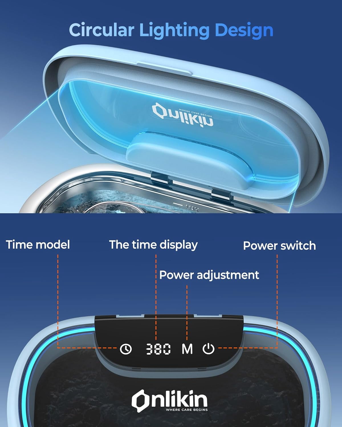 Ultrasonic Jewelry Cleaner 35W 45KHz – for Retainers, Eyeglasses & Dentures, 20oz 304SS Tank, 5 Timer Modes (Blue)