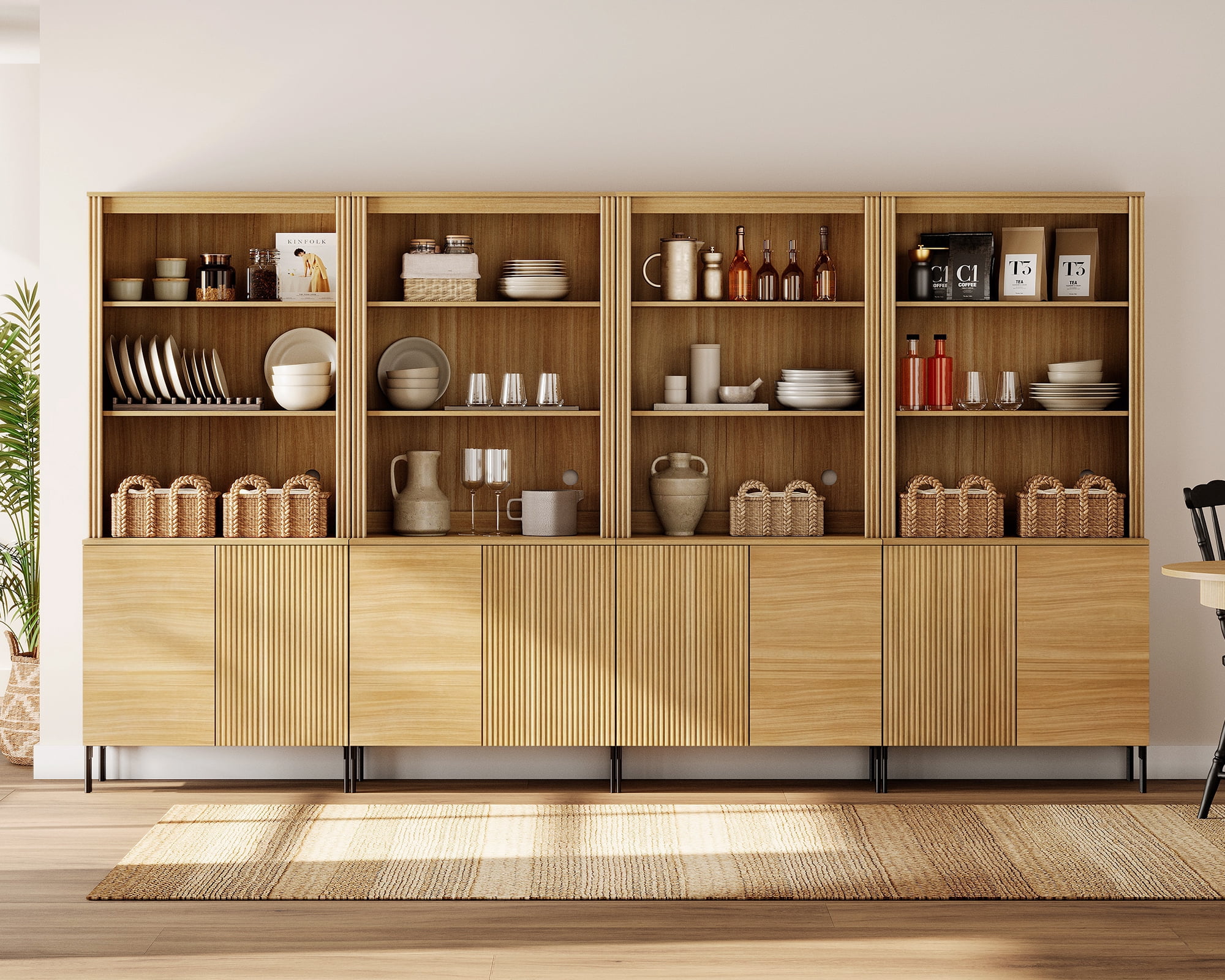 3-In-1 71" Tall Arched Kitchen Pantry Cabinet, Wood Bookcase Display Cabinet With Doors And Adjustable Shelves, Mid-Century Modern Versatile Cupboard For Dining Room, Bedroom