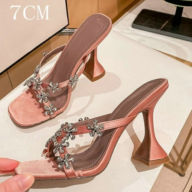 2024 Fée Chaussures Strass Fleur Talons Hauts Tête Carrée de la Femme Croisée à l'Extérieur Portant des Pantoufles FGS