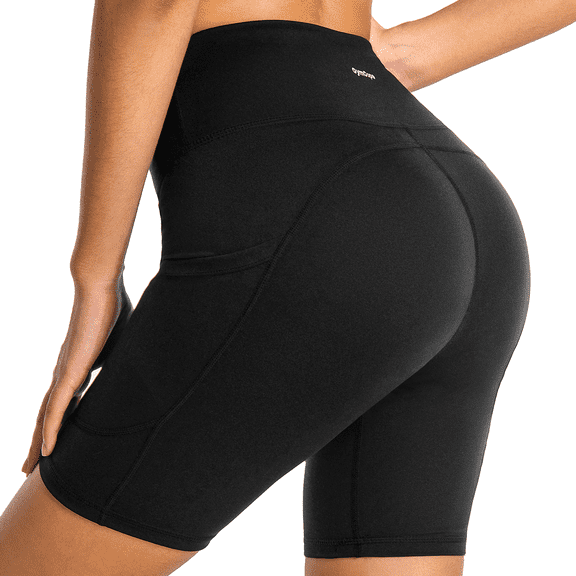 CAMBIVO Biker Shorts for Women with Pockets, High Waisted Workout Yoga Shorts, Squat Proof 4-Way Stretch Athletic Shorts for Gym Running Volleyball, Black