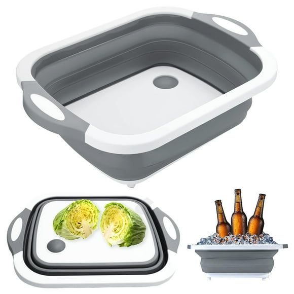In 1 Foldable Cutting Board, Multi-function Drainage Basket With Drain Plug Portable Storage Basket For Kitchen And Camping (grey)