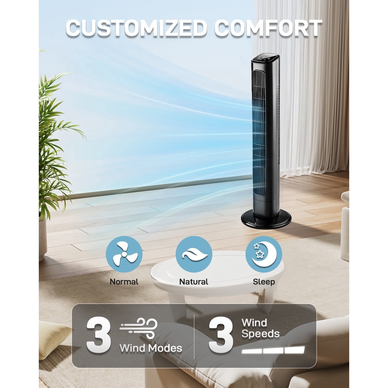US Standard 36 Inch Tower Fan, 110V 45W, Black Plastic Body with Copper Motor, Touch & Remote Control, 3 Speeds, 3 Modes, Oscillating, 9H Timer, Household Fan