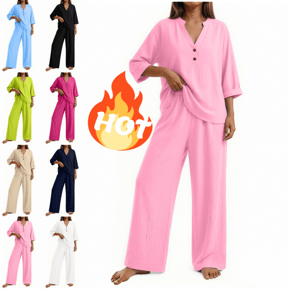 Mifsaly Linen 2 Piece Set for Women 3/4 Sleeve V Neck Henley Shirt and Wide Leg Long Pants Lightweight Casual Office Vacation Matching Outfits Pink,XXXL
