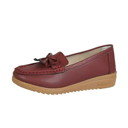 Mepaouo Casual Loafers for Women Low Wedges Leather Slip on Walking Dress Penny Loafer Shoes(Red 6.5)