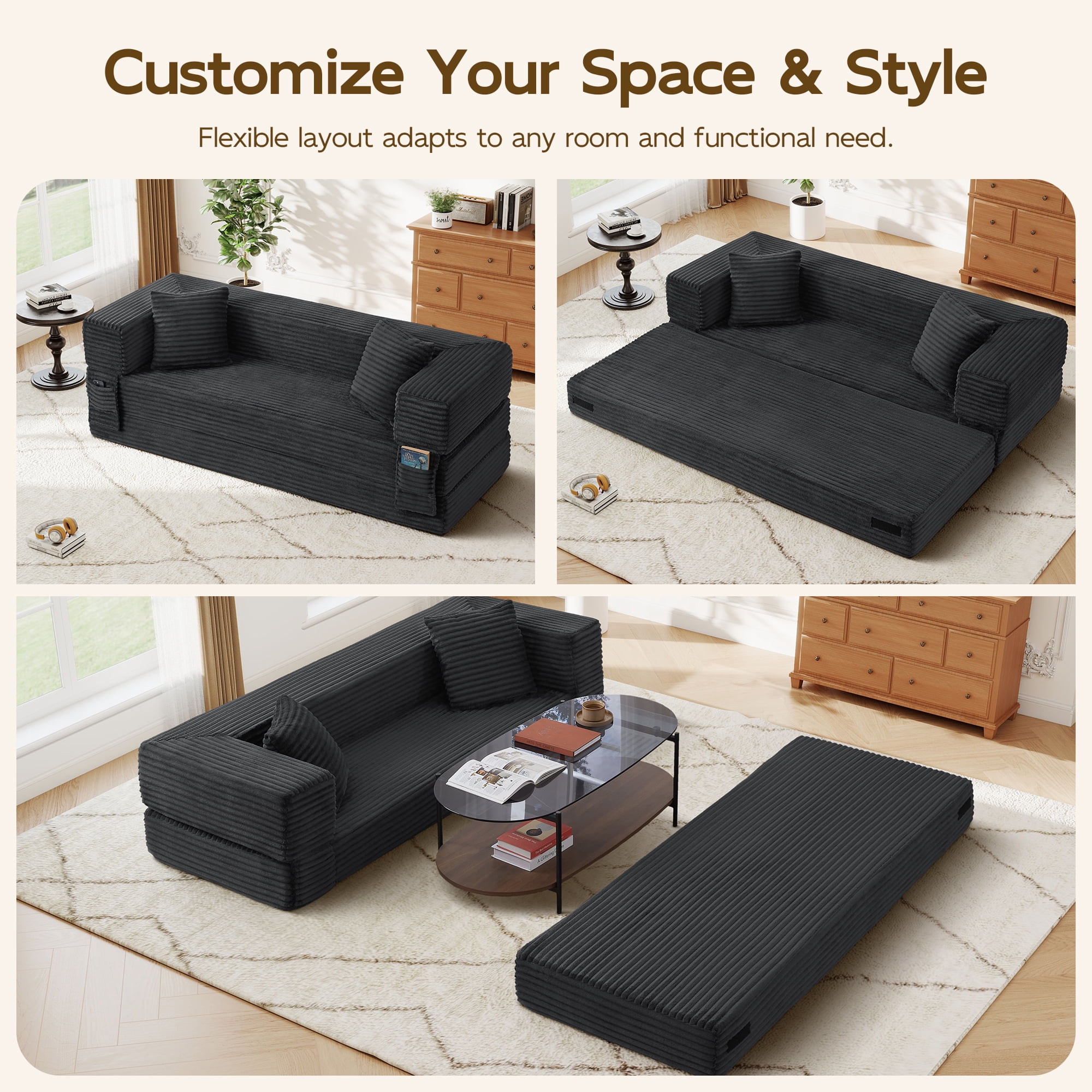 Aukfa 78.7" Corduroy Convertible Sofa Bed, Boneless Sleeper Sofa Couch for Living Room Apartment,Dark Gray