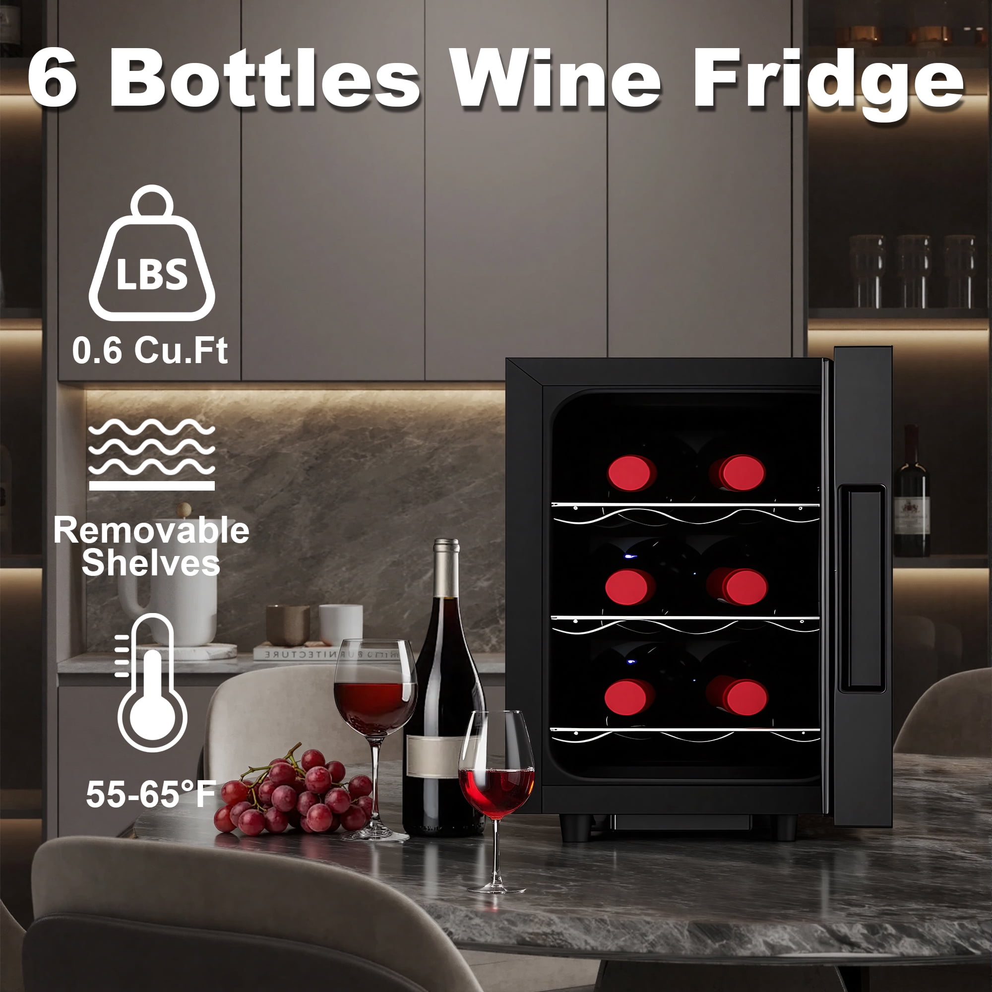 IceBlue Portable 6-Bottle Wine Cooler,  Digital Temperature Control(10-18°C) ,LED Screen, Drink refrigerator,, Car and Home Use