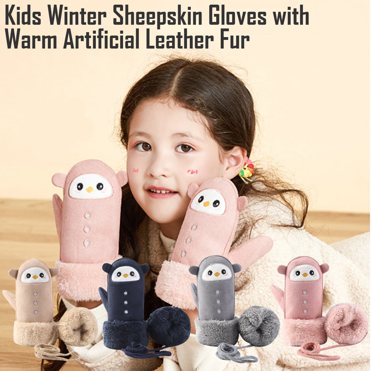 Neaer Winter Cotton Thickening Warm Gloves Lovely Hanging Neck Full Finger Plush Mittens With Rope For Boys Girls