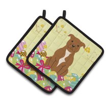 Caroline's Treasures Easter Staffie Bull Terrier Pair of Pot Holders