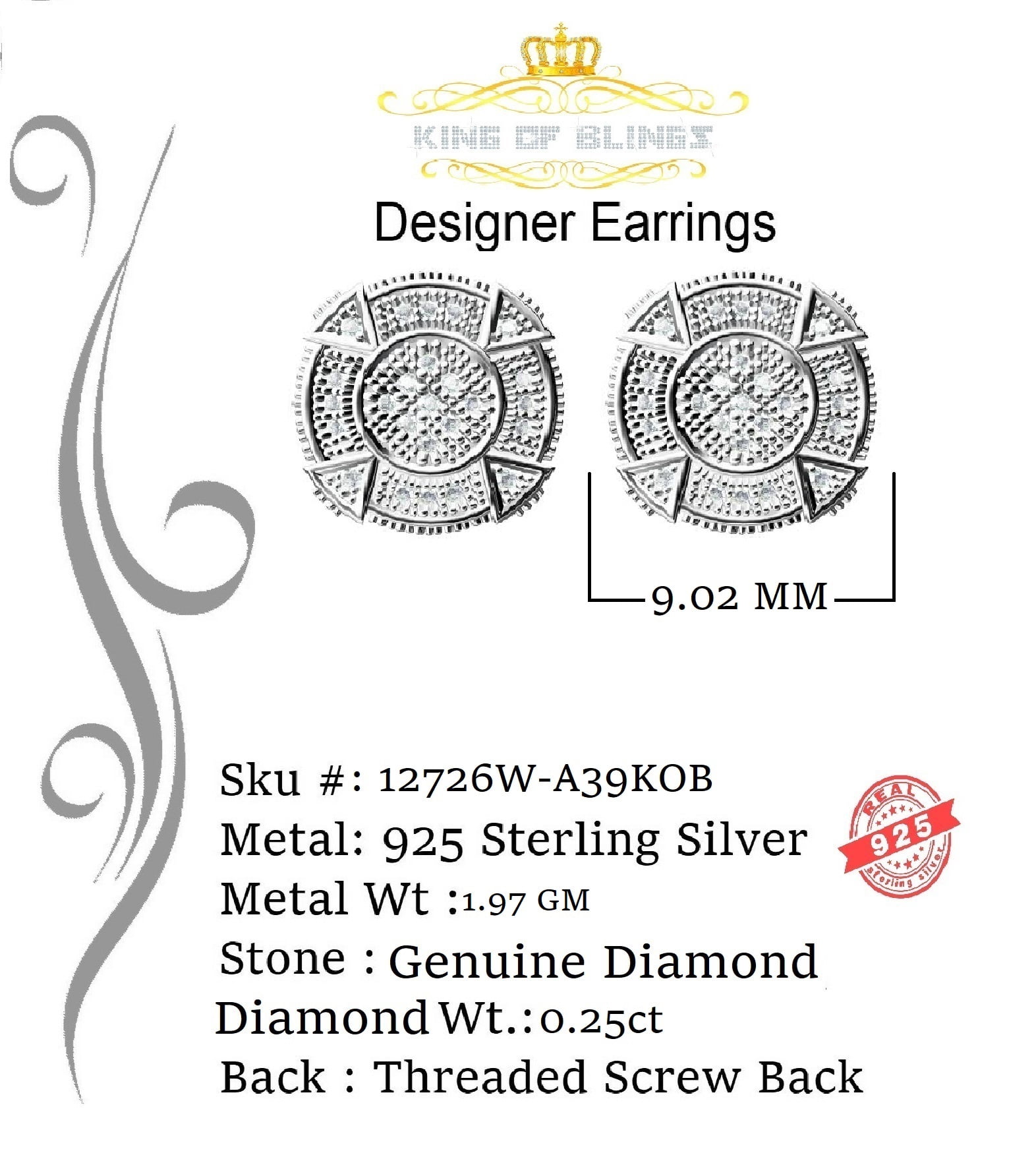 King of Bling's 925 Sterling White Silver 0.25ct Diamond For Women's/ Men's Circle Stud Earrings