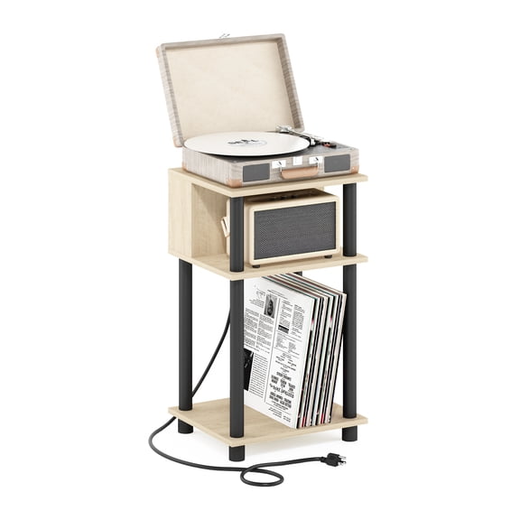 Furinno Just Side Table, 3-Tier End Table with Charging Station, Open Shelf Night Stand, Bedside Table with USB and Type-C Charging Port, for Living Room, Bedroom, Natural Oak