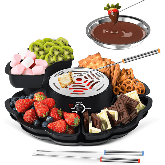2 in 1 Electric S’mores Maker & Fondue Pot Tabletop Indoor Flameless Electric Marshmallow Roaster 4 Detachable Trays & 4 Roasting Forks Movie Night Supplies & Housewarming Gift