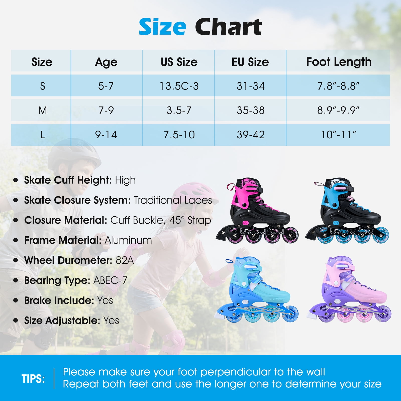 Babyjoy 4-Size Adjustable Light-Up Roller Skates with Illuminating Wheels & Safety Support Black