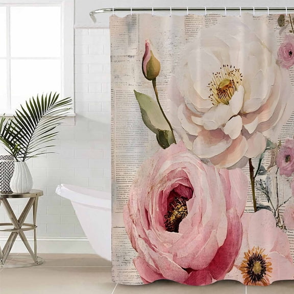 Pink White Spring Floral Small Stall Shower Curtain, Waterproof Shower Curtains for Bathroom, Vintage Flowers Watercolor Washable Fabric Cloth Bath Curtain for Bathtub with Hooks 36x78 Inches
