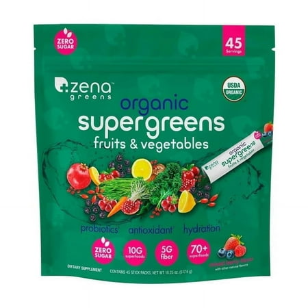 Zena Nutrition Organic Super Greens Powder  Mixed Berry  0 Sugar  5G Fiber  Superfoods  45 Servings