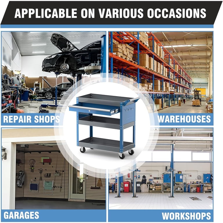 AIRAJ 3-Tier Wheeled Tool Cart, 440 lb Capacity, with Drawers