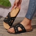 thumbnail image 5 of Womens Cork Footbed Slide Sandals with Arch Support Trendy Studded Hollow out Comfy Summer Slip on Flat Shoes Black Size 8, 5 of 9