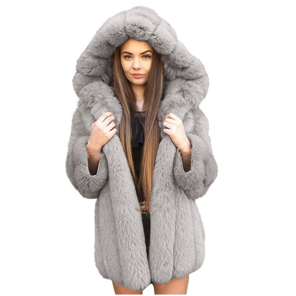 Fesfesfes Women Flannel Coat Ladies Warm Artificial Plush Coat Jacket Winter Jacket Hood Outerwear Sale on Clearance