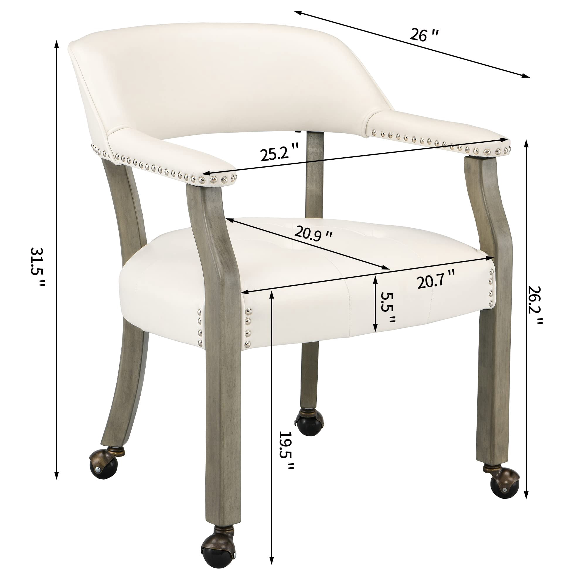 JESONVID Dining Chair with Casters Set of 4, Captain's Chair with Caster Dining Room Chairs with Rollers Curving Backrest Dinette Sets Poker Chair with Wheels Kitchen Table Rolling Chairs,Grey&White